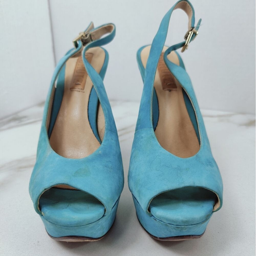 Schutz Turquoise Leather Textile Y2K Style Chunky Platform Peep Toe Heels, 7 - Picture 4 of 15
